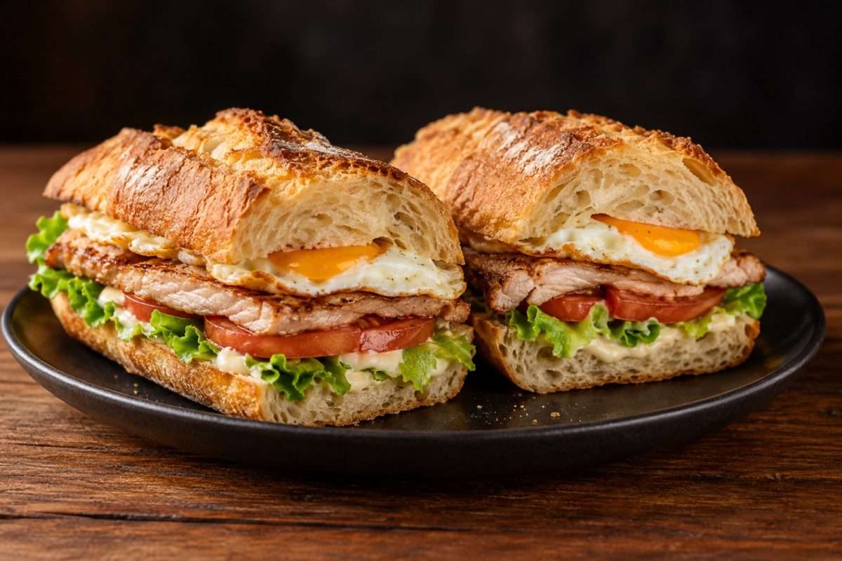 Bocata crujiente de lomo, huevo, lechuga y tomate; imagen ilustrativa creada con IA